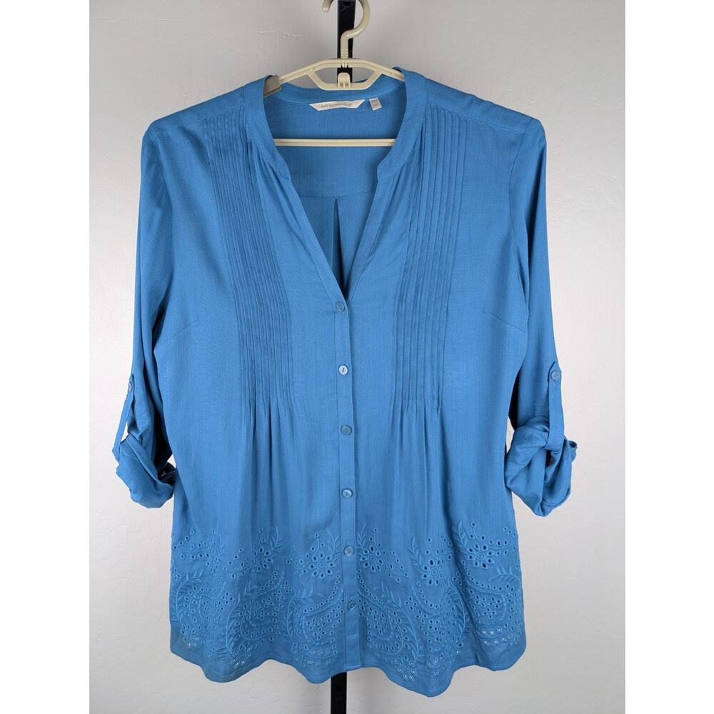 Soft Surroundings teal blue v-neck pintuck eyelet button front top